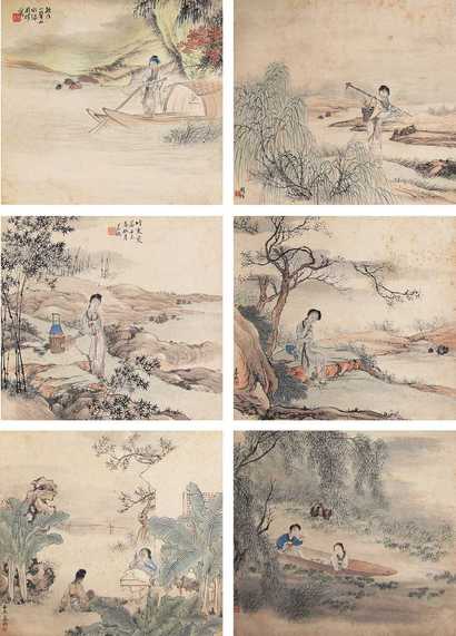 周权 壬辰（1892年）作 仕女三挖 对屏